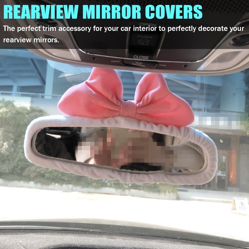 Bittwee Car Rearview Mirror Cover, Auto Interior Elastic Comfortable Rear View Mirror Protector Decorative Accessories for Girls Women Man Gift, Universal for Vehicles, SUV, Truck, RV (White/PInk) - Image 2